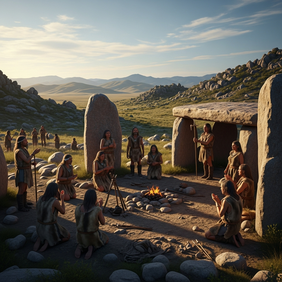 prehistoric ritual landscape Artist impression of early human groups gathering around ritual stone structures in a prehistoric landscape, symbolizing shared cultural practices.