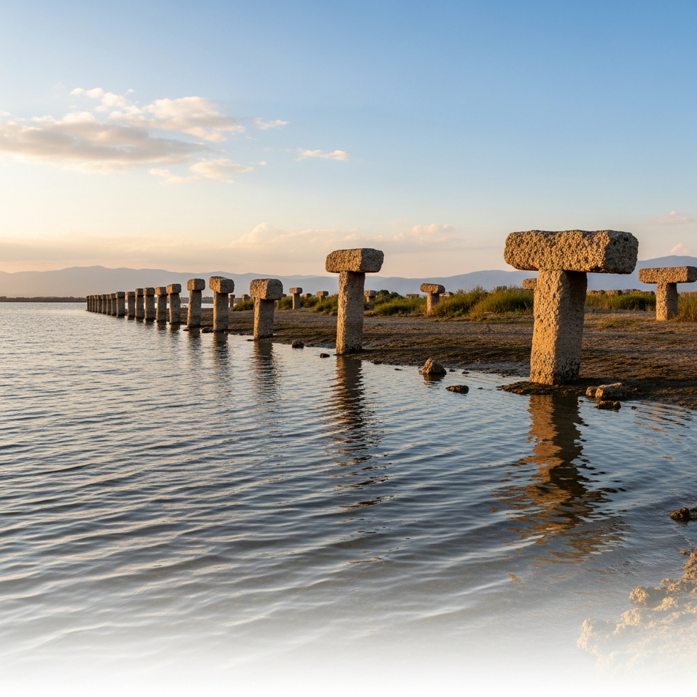 Göbeklitepe pillars A panoramic view of the newly exposed T-shaped pillars along the shoreline of Adıyaman after water receded from the Atatürk Dam reservoir, revealing ancient ritualistic structures.