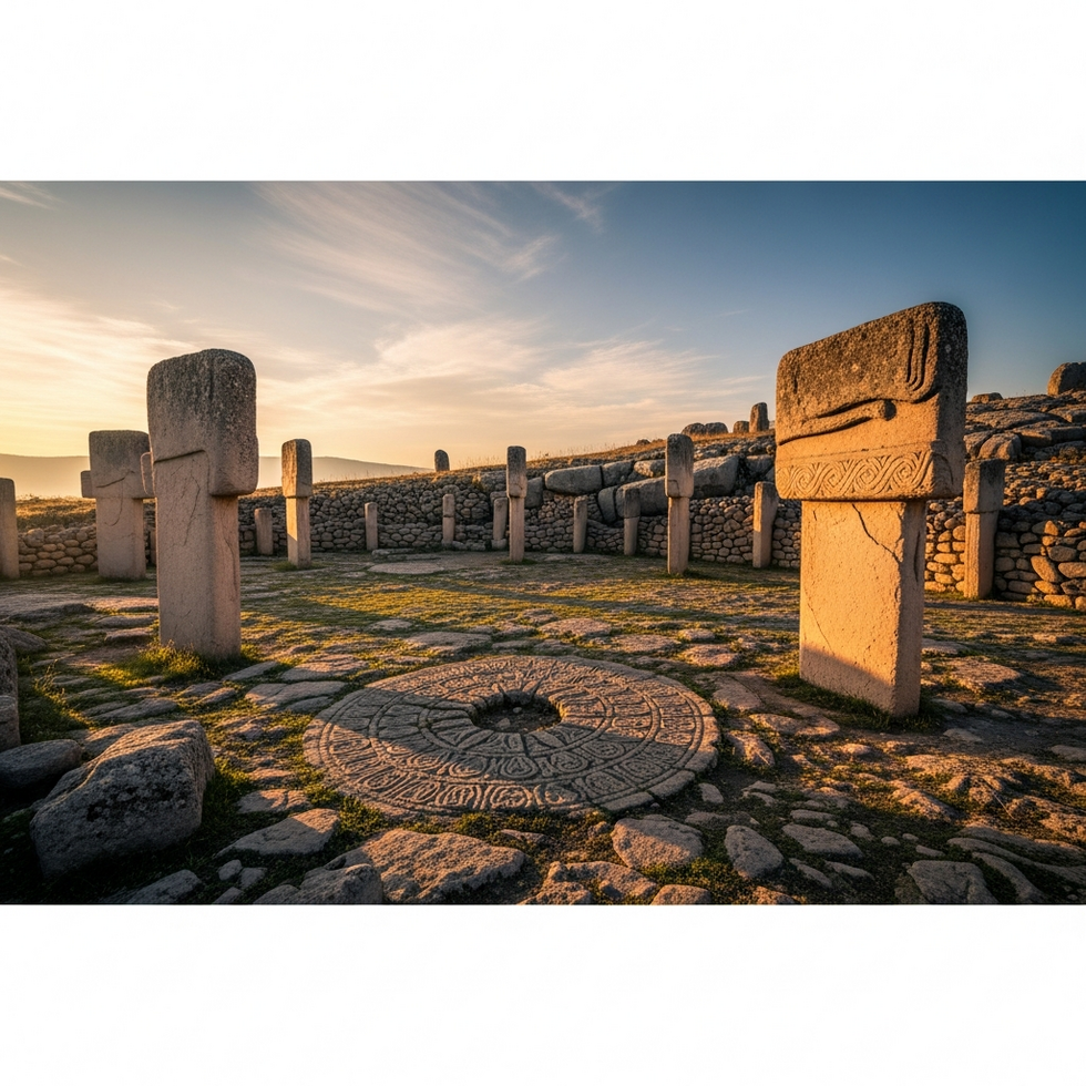 a panoramic view of Göbeklitepe's stone circles at sunrise, highlighting its ancient intricate structures