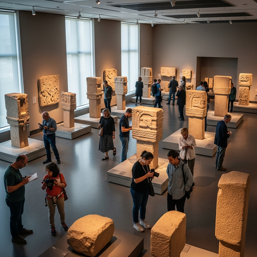 image prompt: a vibrant display of Göbeklitepe artifacts and visitors exploring the exhibition in Berlin