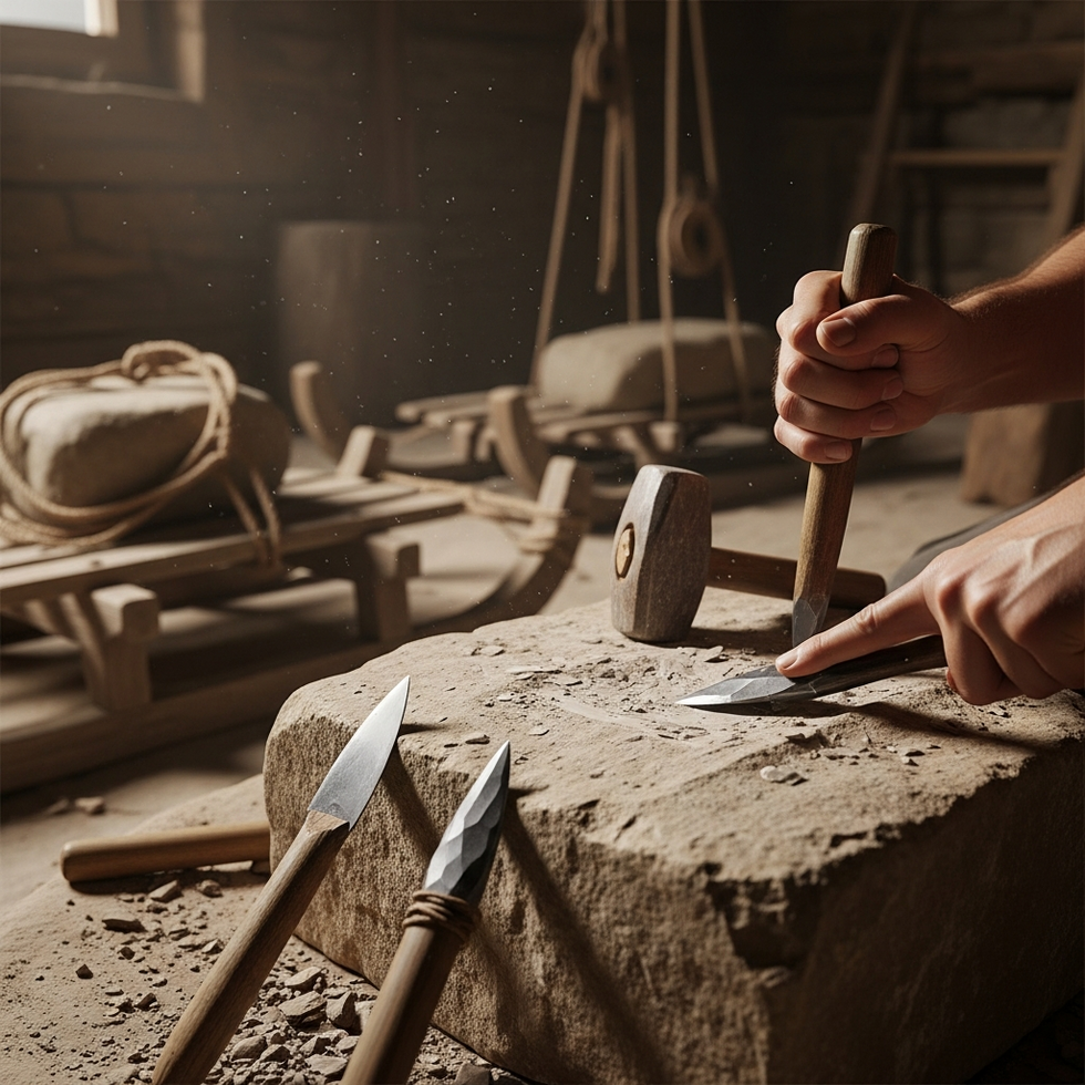 An illustration of ancient Neolithic tools and techniques used in stone carving and transportation