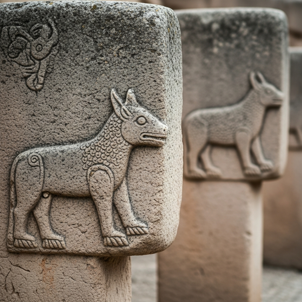 detailed close-up of carved animal reliefs on limestone pillars at Gobeklitepe showing craftsmanship and symbolic imagery