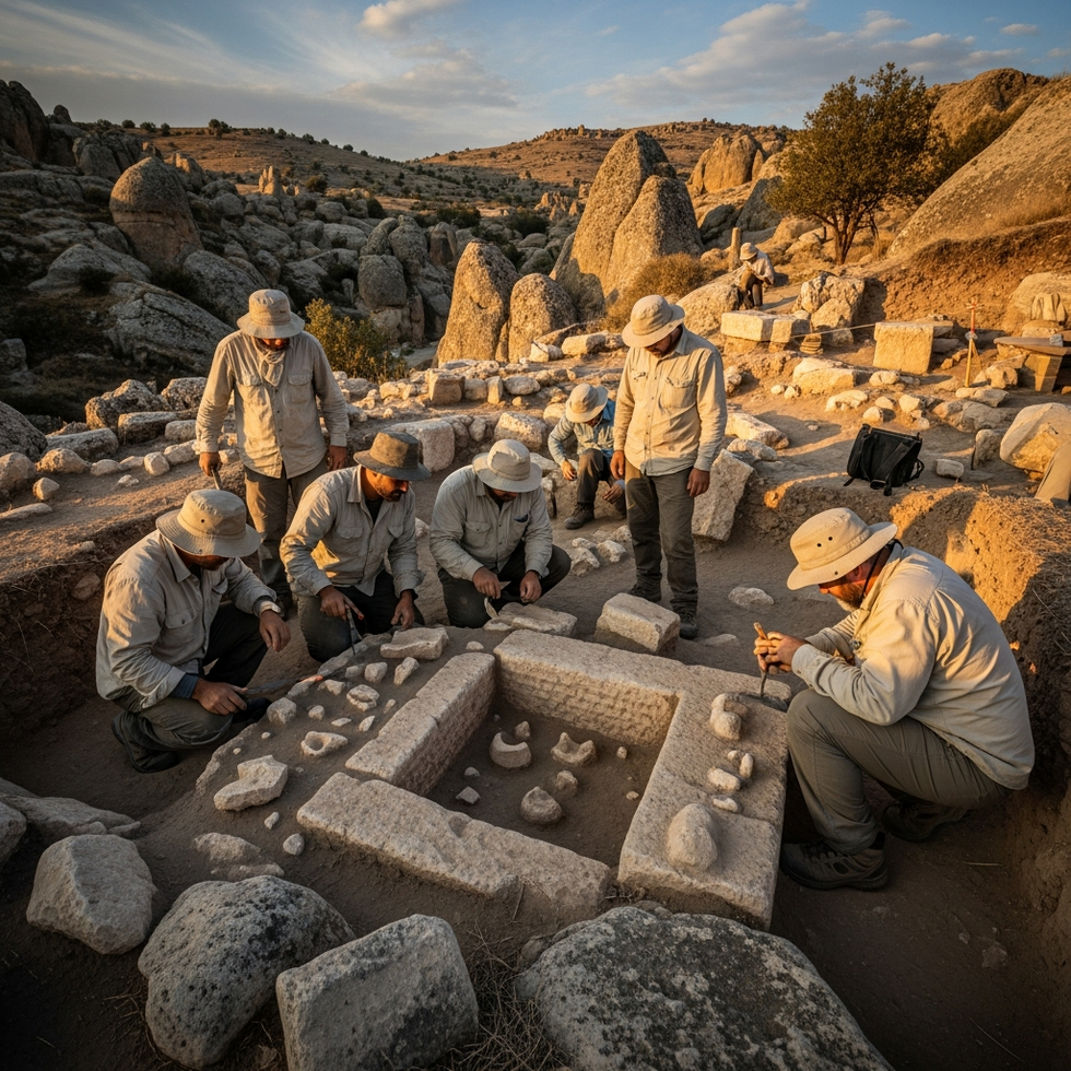 image prompt: archaeologists working at a site within the Stone Hills region, Turkey