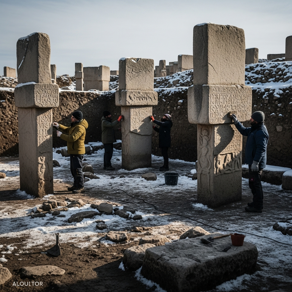 excavation site at Göbeklitepe with archaeologists working during winter
