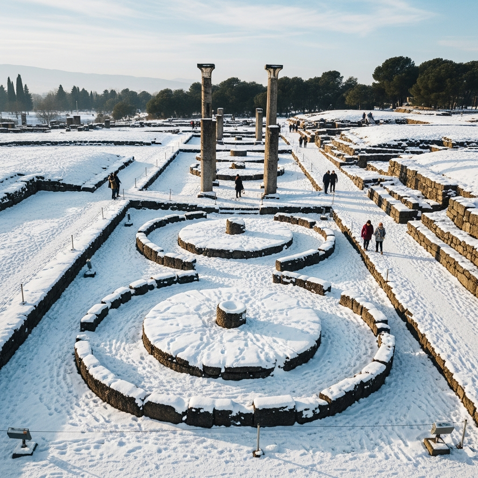 aerial view of Göbeklitepe covered in snow with tourists in the background