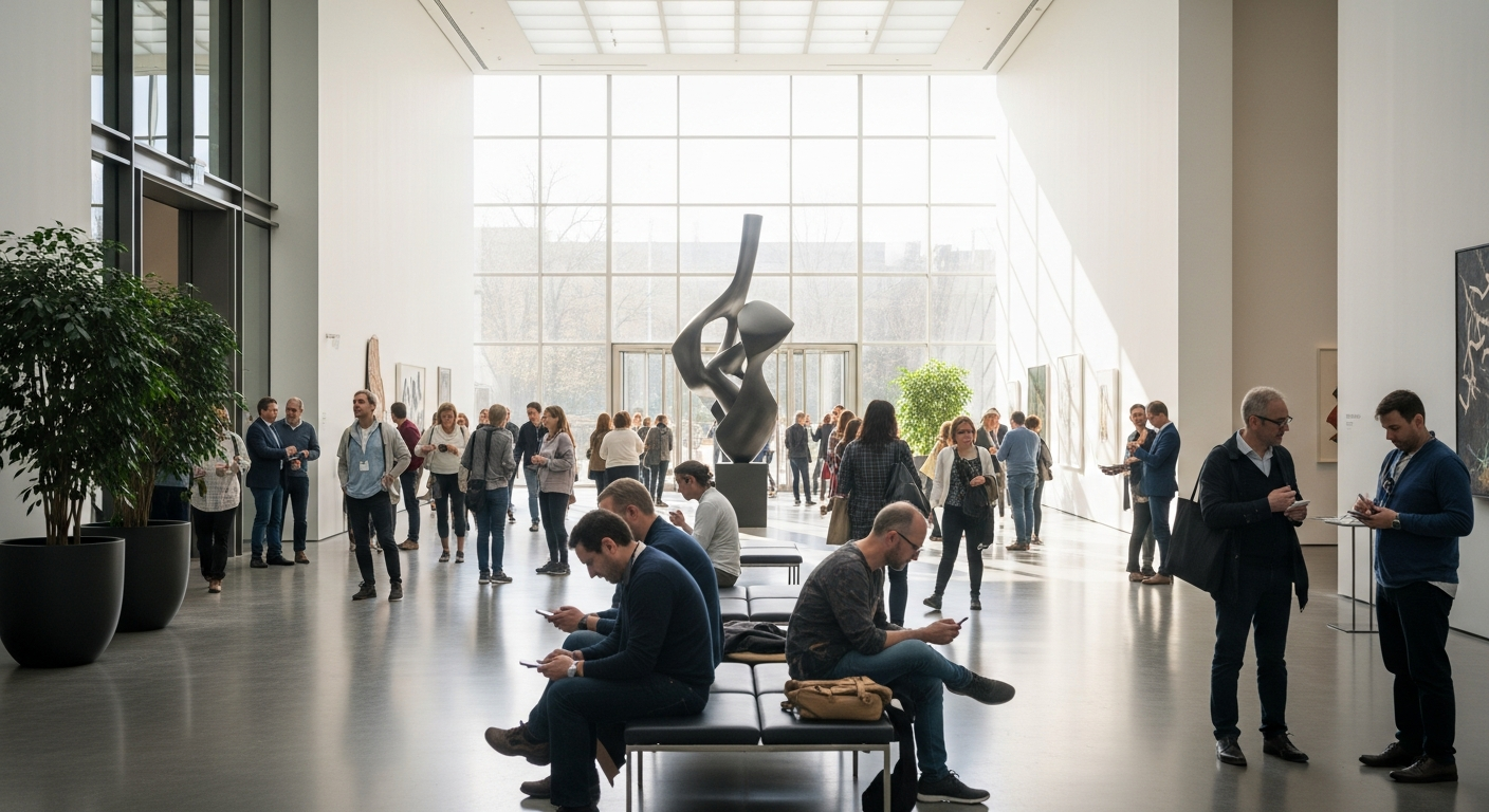 A modern museum lobby bustling with visitors, some viewing ancient artifacts on display, others engaging with digital reconstructions, highlighting the broader cultural impact of discoveries like Göbeklitepe.