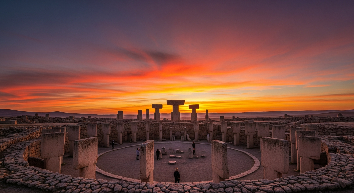 A panoramic view of Göbeklitepe’s circular enclosures at sunset, glowing limestone pillars silhouetted against a vibrant sky, with a few visitors observing the site in the foreground