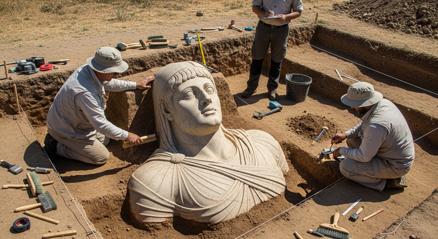 A photo-realistic depiction of archaeologists carefully excavating a detailed, well-preserved stone statue with anatomically defined features, set against the backdrop of the protected Göbeklitepe site with its monumental T-shaped pillars and earth-toned surroundings.
