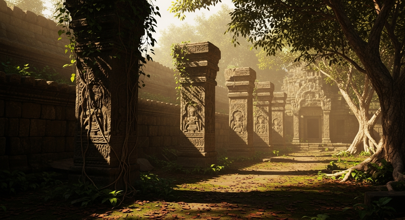 A photo-realistic scene of ancient stone pillars and carved reliefs at a mysterious archaeological site, illuminated by soft sunlight, with scattered visitors observing the monument in a modern museum setting.