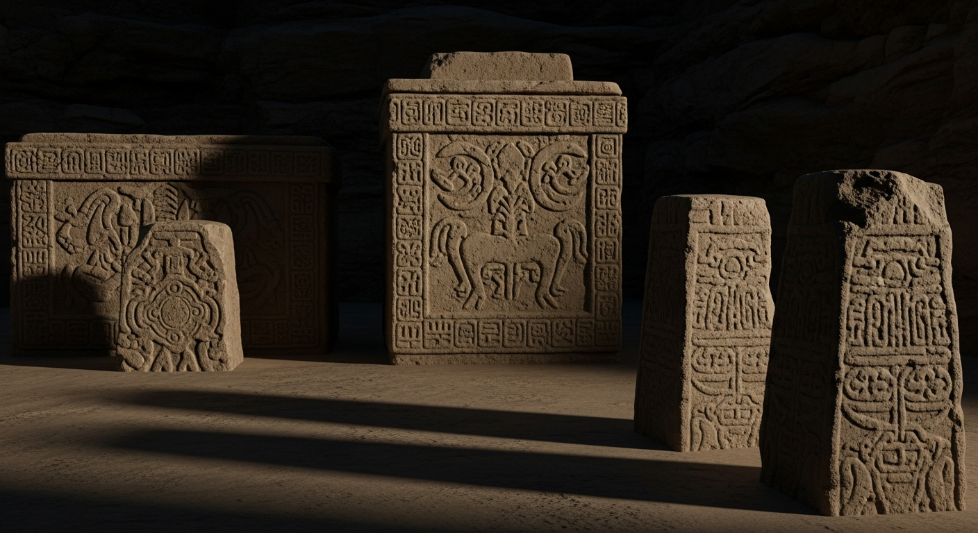 An atmospheric, high-resolution image of ancient carved relics and stone structures, illuminated by soft light, emphasizing intricate symbols that suggest astronomical or spiritual significance.