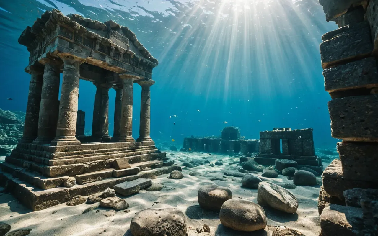 underwater archaeology A clear underwater view of ancient stone ruins on the seabed, with sunlight filtering through the blue water, showing stone foundations and steps, no text visible