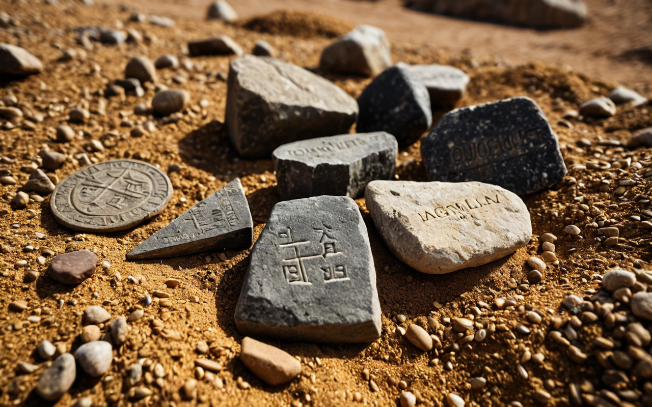 A close-up, high-resolution photograph of ancient, weathered stone tools resting on a bed of dry, golden soil. The tools include a rough, circular grinding stone and a smaller hammerstone, both showing signs of extensive wear and use. The lighting is soft and natural, casting gentle shadows that highlight the texture and age of the stones. The background is blurred, focusing attention on the tools and the earthy tones of the environment. No text, people, or modern objects are visible in the frame.