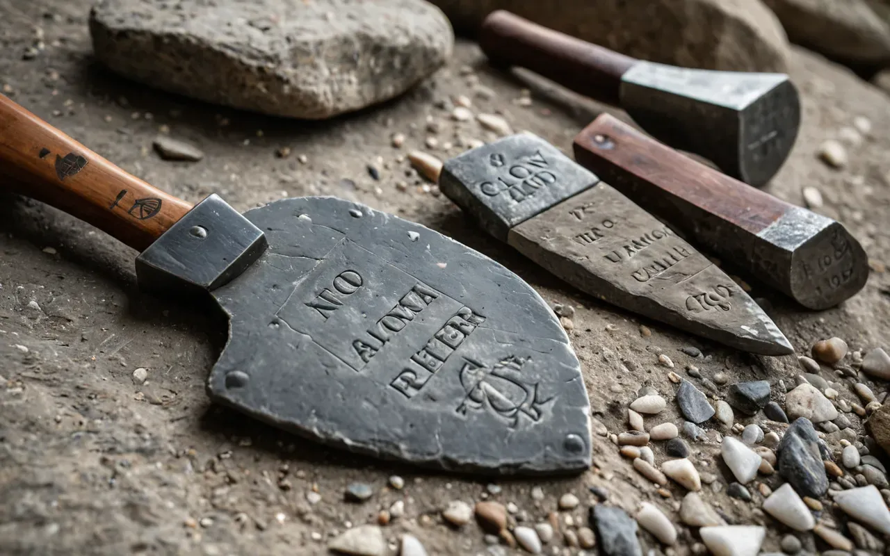A close-up photo of ancient hand axes and flint scrapers laid out on a neutral stone surface, natural lighting, sharp focus on the texture and edges of the tools, no text, no background distractions, realistic archaeological display.