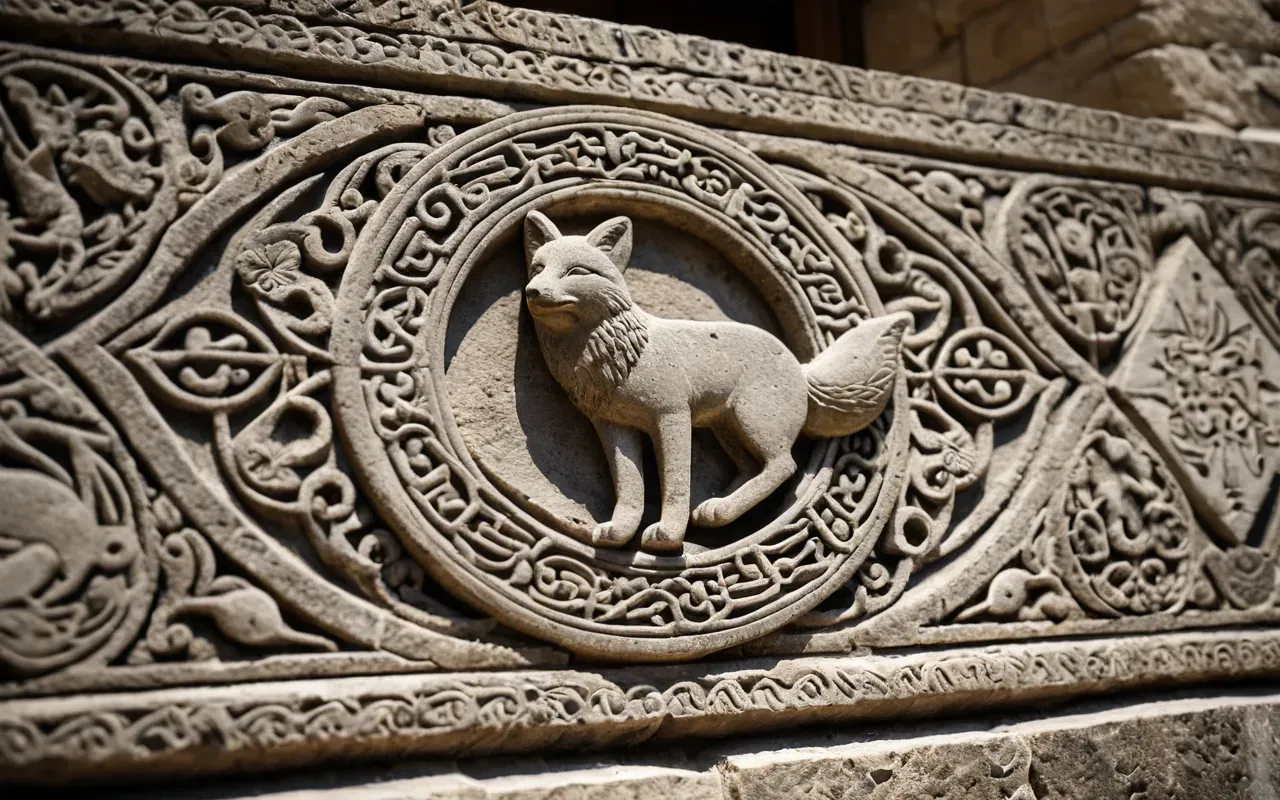 limestone carvings A close-up photo-realistic detail of rough-hewn limestone stone with intricate carvings of animal shapes like a fox and a bird, natural sunlight casting shadows on the texture, no text or human figures