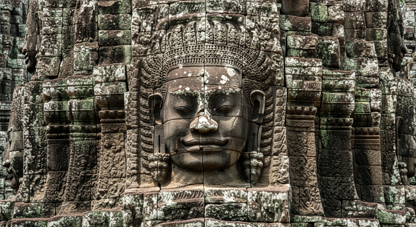 ancient wall carving A close-up, photo-realistic shot of an ancient wall with a carved human figure embedded inside, illuminated subtly to showcase its detailed craftsmanship and mysterious aura, set against the backdrop of excavated ruins.