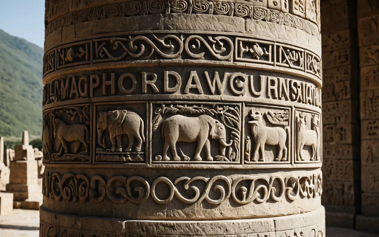 A close-up photograph showing detailed animal carvings on a large limestone pillar, with natural lighting highlighting the texture of the stone and the intricate relief work depicting a stylized bird and abstract geometric patterns, set against a blurred background of the archaeological excavation site.