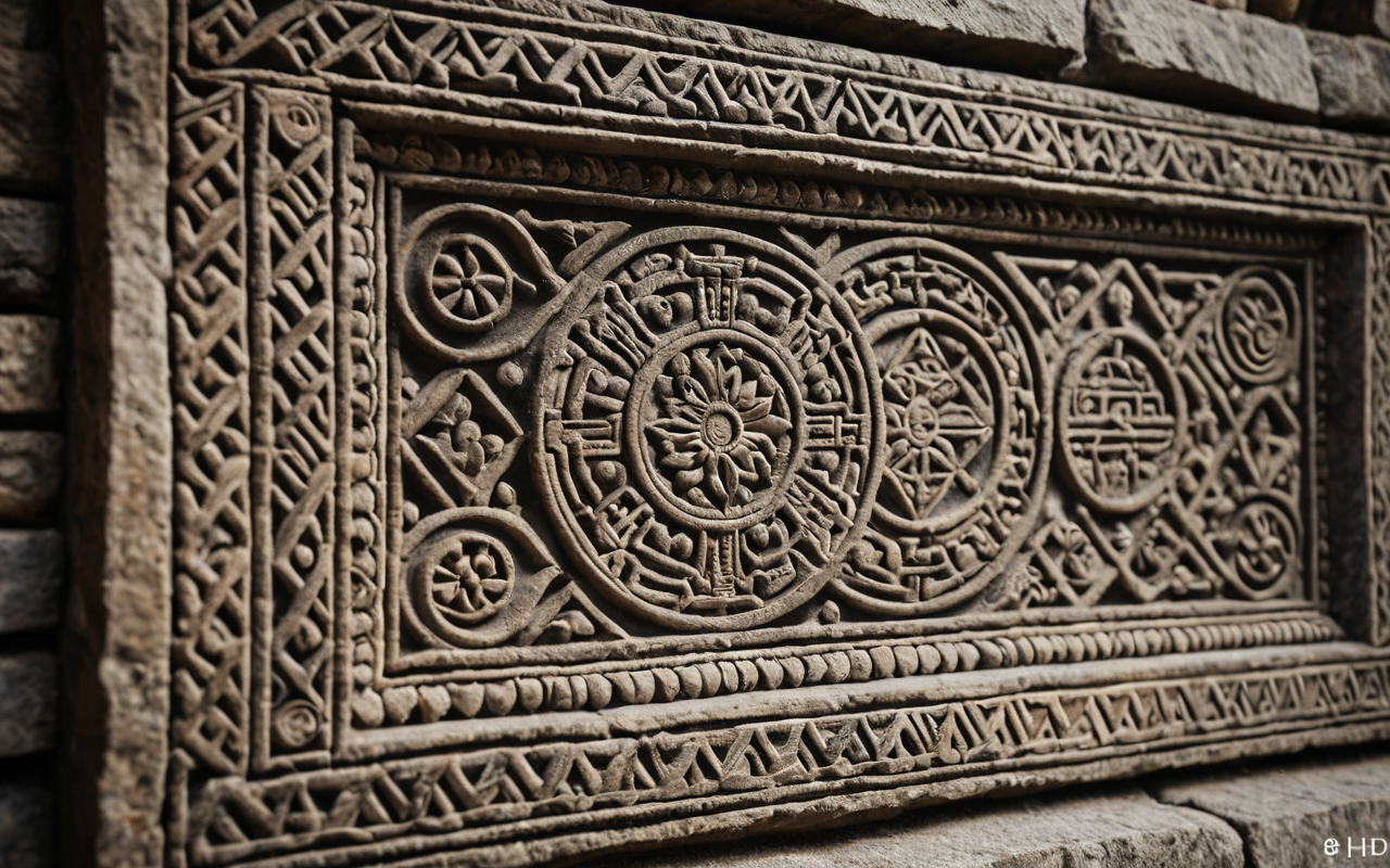 ancient stone relief A close-up photorealistic view of a weathered ancient stone relief carved with intricate geometric patterns and animal motifs. Soft natural light casts dramatic shadows on the textured surface. A human hand gently rests near the stone for scale, emphasizing the craftsmanship. The background is blurred to focus on the ancient artifact details.