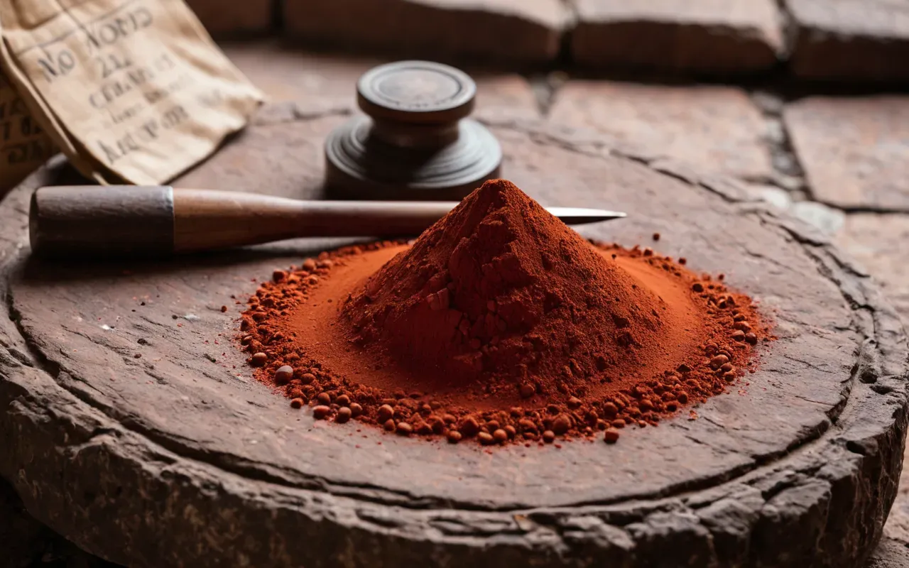 Neolithic symbolism A close-up realistic photo of red ochre pigment powder on a rough stone surface next to a small stone grinding tool, with soft natural lighting highlighting the texture of the mineral and the weathered rock