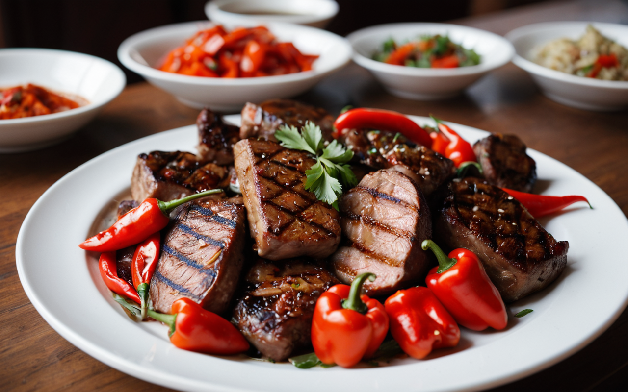 local cuisine A close-up shot of a traditional ceramic plate filled with vibrant local food. The dish features grilled meats and bright red peppers. The lighting is warm and inviting. The background is softly blurred to focus on the textures of the food. No text or branding is visible on the plate or in the scene.