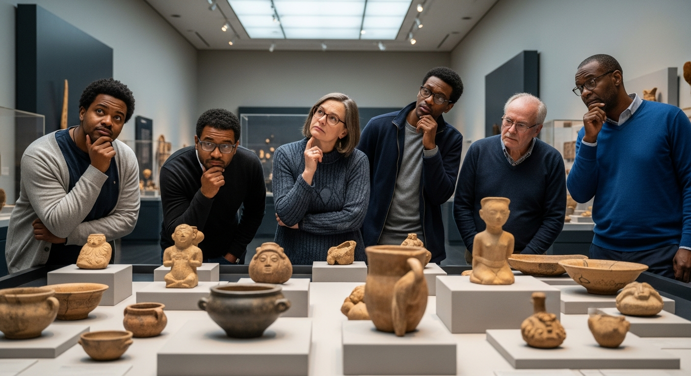 A contemporary photo of museum visitors engaged with artifacts, with thoughtful expressions, emphasizing the universal curiosity about ancient human origins.