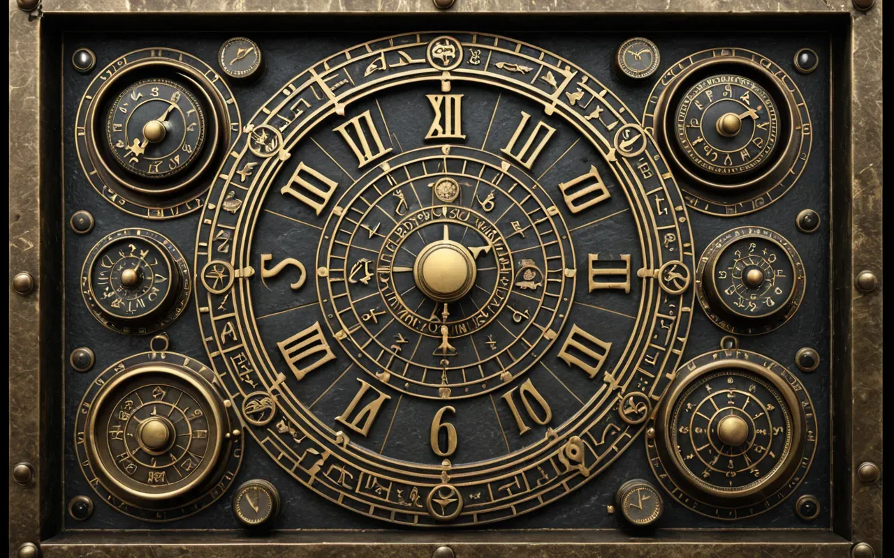 A detailed 3D digital reconstruction of an ancient bronze mechanical device with multiple dials and zodiac symbols, isolated on a neutral dark background, realistic lighting