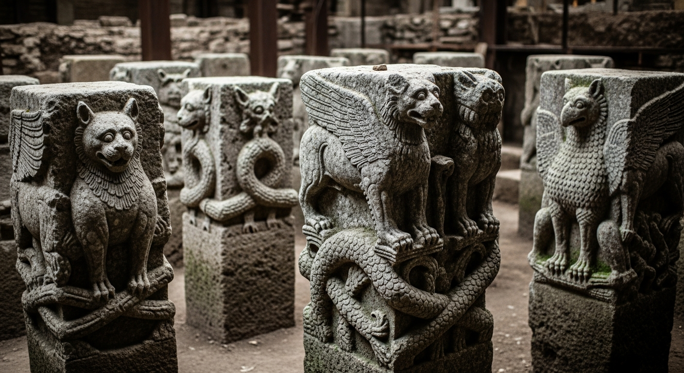 A detailed close-up of ancient carved stone pillars with animal reliefs, set against a backdrop of a dimly lit archaeological excavation site, emphasizing the craftsmanship and mysterious symbols.