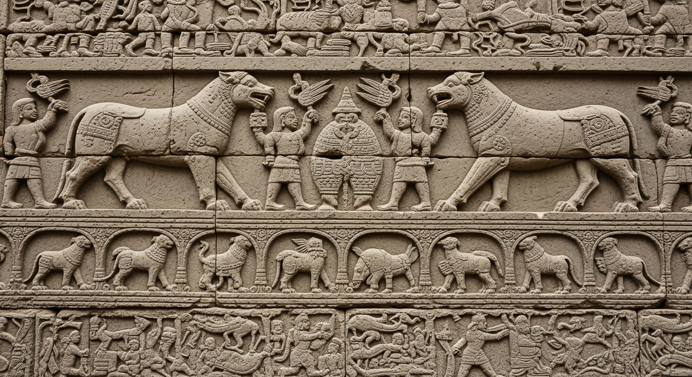 A detailed, close-up photograph of ancient wall carvings showing animal figures and symbolic scenes, captured under soft lighting to emphasize texture and age.