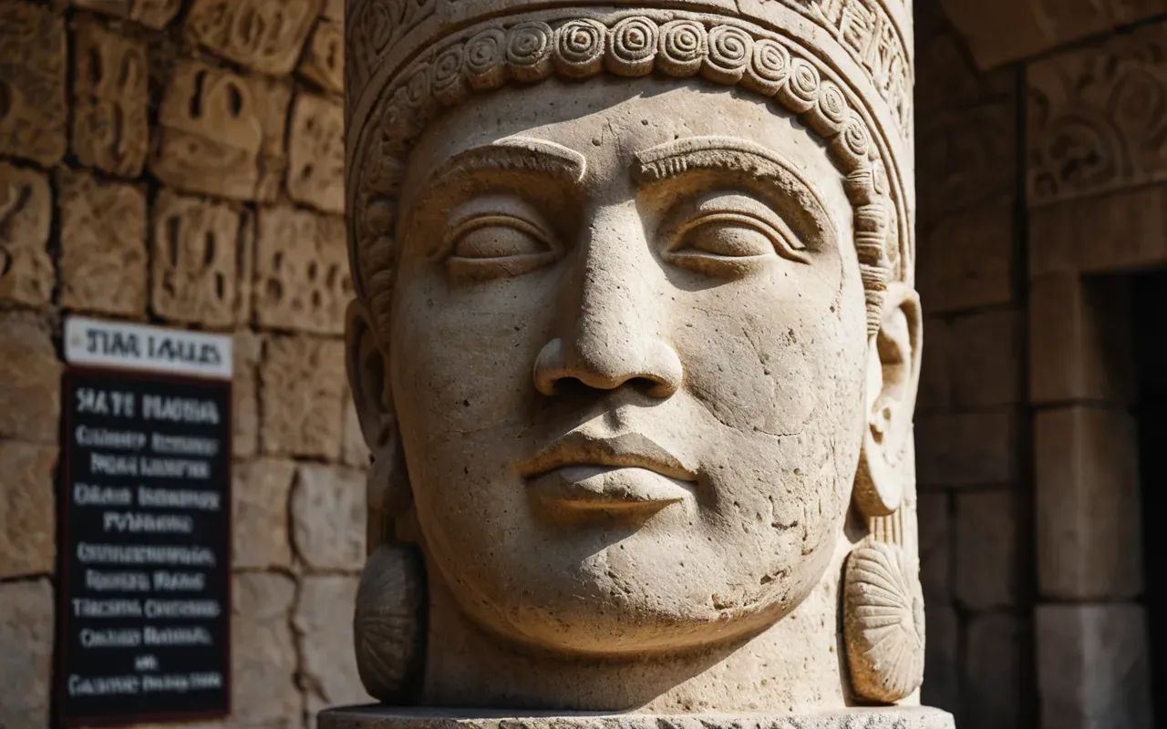 human face t shaped pillar A detailed photo-realistic image of a large carved T-shaped limestone pillar featuring a subtle human facial profile. The texture is rough and ancient looking with deep shadows highlighting the features. Set against a neutral stone background.