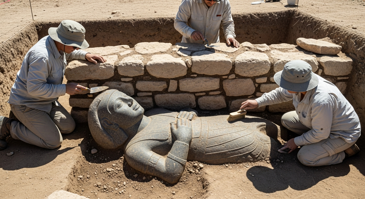Göbeklitepe, archaeological discovery A detailed, photo-realistic scene of archaeologists uncovering a carved human statue embedded within a stone wall in an open archaeological site, with soft lighting highlighting ancient textures and a sense of mystery.