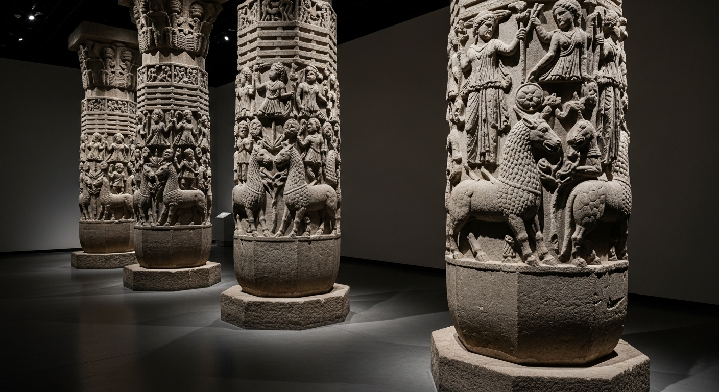A detailed photograph of ancient carved stone pillars with reliefs, illuminated softly in a modern museum setting, emphasizing their intricate carvings and mysterious symbols.