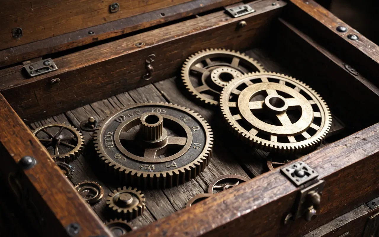 A high-resolution close-up of corroded bronze gears interlocking inside an ancient wooden box, dramatic studio lighting highlighting the texture of rust and metal, archaeological artifact background