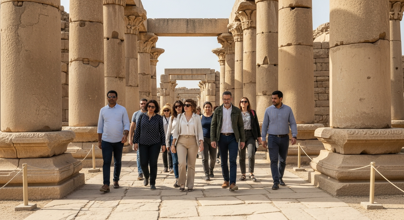 A modern group of diverse tourists exploring an archaeological site with ancient stone pillars under soft daylight, capturing a sense of wonder and curiosity in a serene outdoor setting.