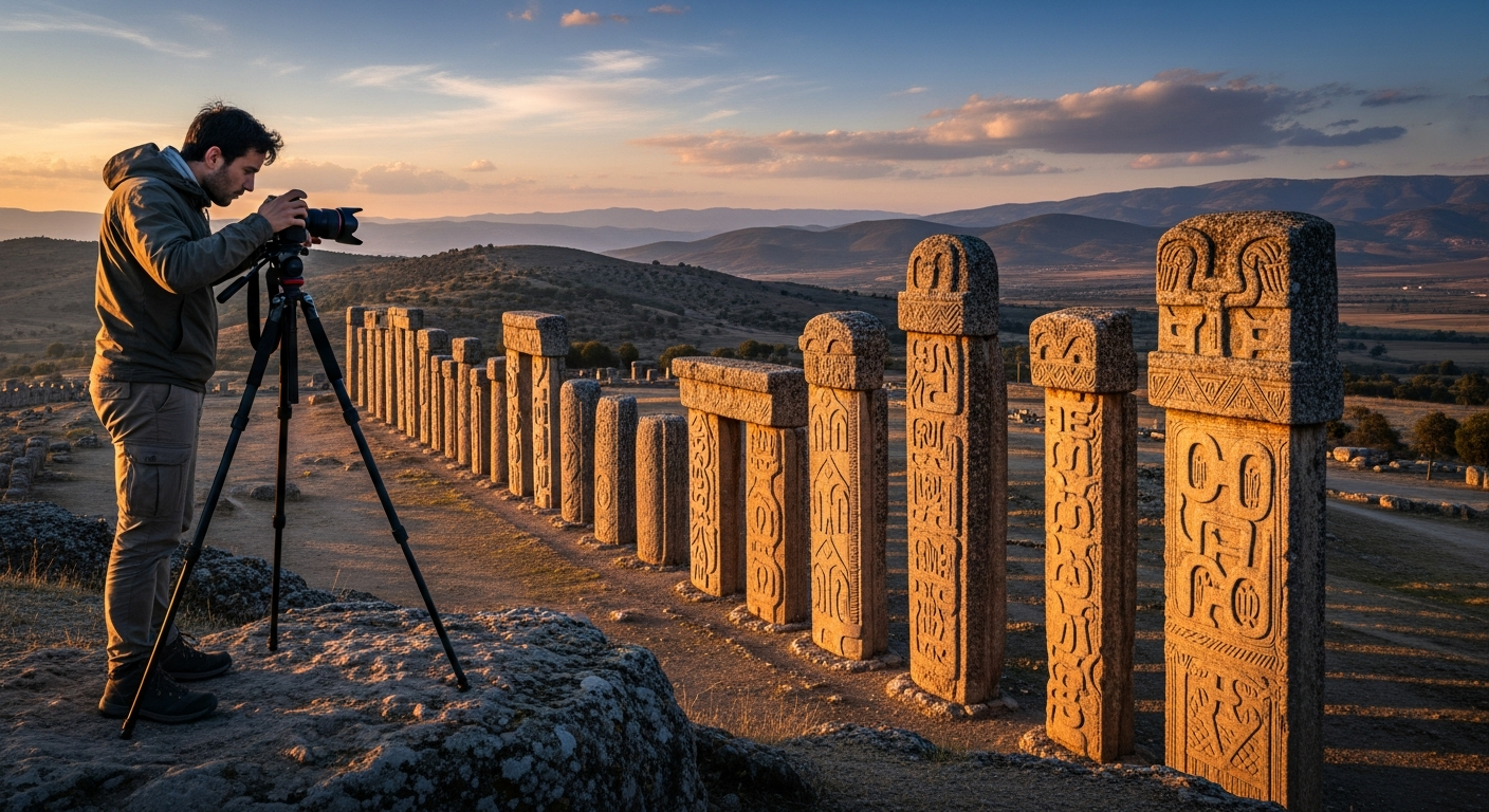 A modern photographer captures panoramic landscape views of the archaeological site, highlighting the impressive stone pillars set against a sunrise sky, evoking awe and mystery.