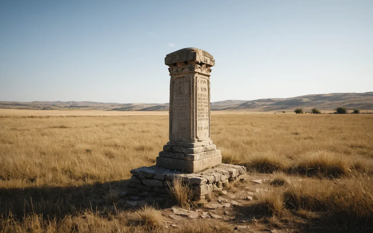 ancient stone structures A photo-realistic image of a solitary, weathered stone pillar standing in a vast, sunlit field of dry grass. The pillar is ancient, carved with simple geometric patterns, casting a long shadow across the golden landscape. The lighting is warm and dramatic, highlighting the texture of the stone and the rough terrain. No people, no text, no modern objects.