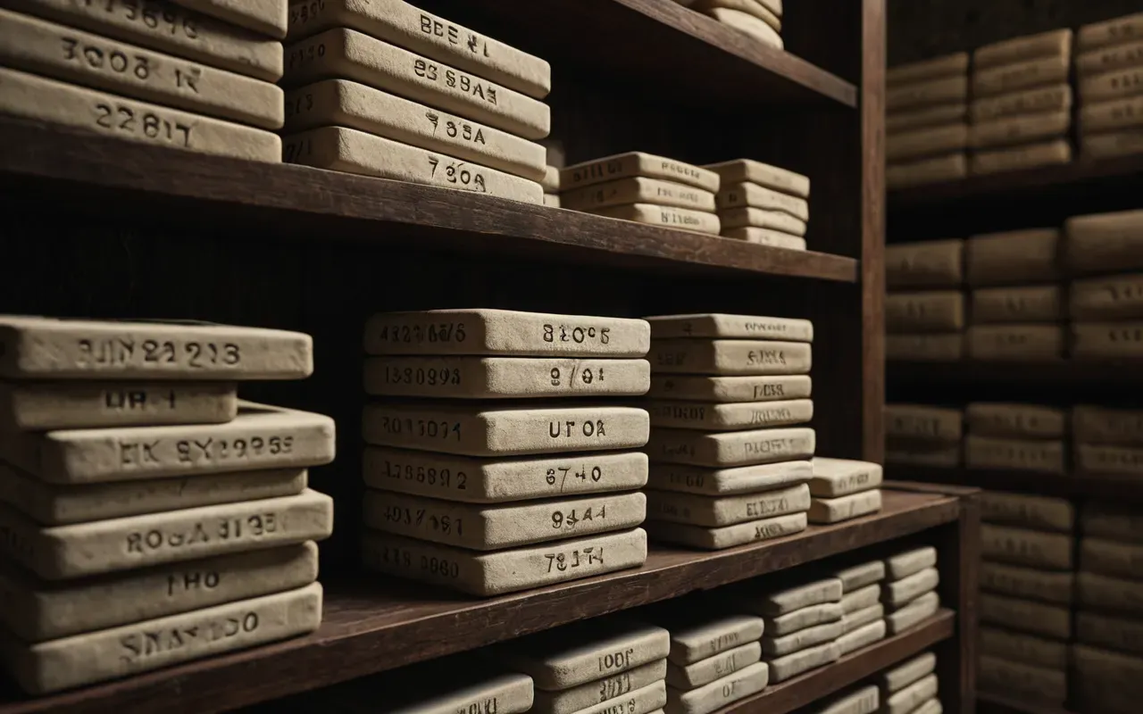 ancient clay tablets A photo-realistic image of ancient clay tablets stacked neatly in a dimly lit, quiet archive room. The tablets are weathered and covered in cuneiform-like markings. The lighting is soft and focused on the texture of the clay, creating a sense of historical weight and mystery. No text overlays, no people, no modern objects visible.