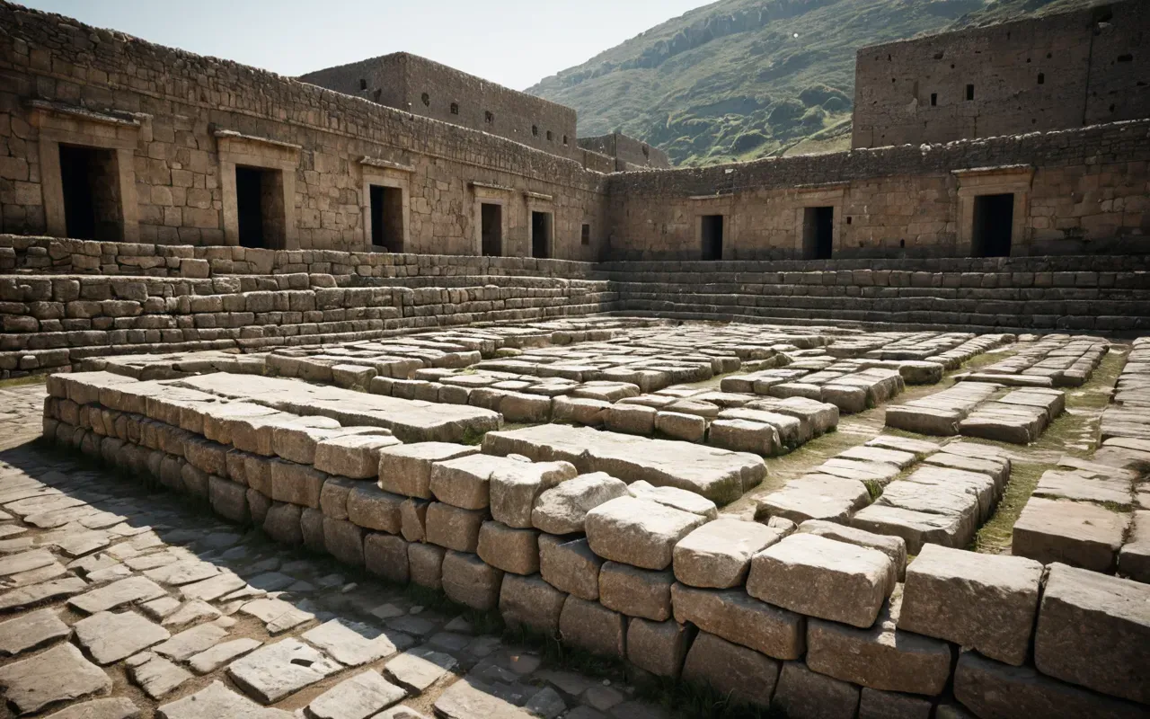 ancient settlement layers A photo-realistic image of ancient stone foundations and wall bases exposed in the earth, showing multiple distinct layers of construction. The sunlight hits the stepped layers, revealing the passage of time and rebuilding. The scene is quiet and devoid of people, emphasizing the depth and history of the site. No text, no signs, no modern equipment visible.