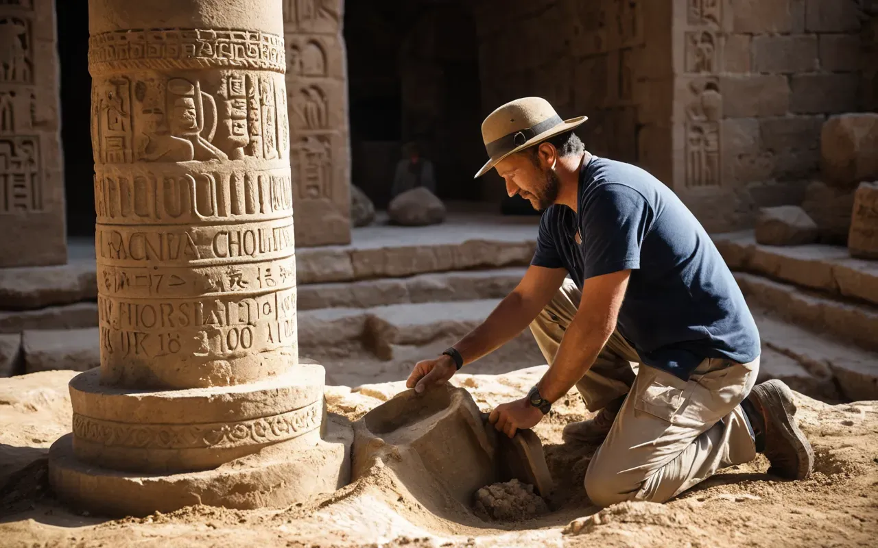 excavation site A photo-realistic scene of an archaeologist carefully brushing dust off a large carved stone pillar in a sunlit excavation pit, surrounded by dirt mounds and wooden tools, with a clear blue sky above