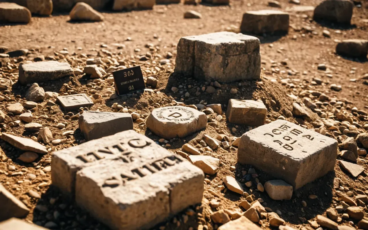 A photograph of ancient stone tools scattered on dry earth near excavated limestone blocks, with morning sunlight casting warm golden tones across the scene and a blurred natural landscape in the background, conveying the prehistoric atmosphere and archaeological context of the site.