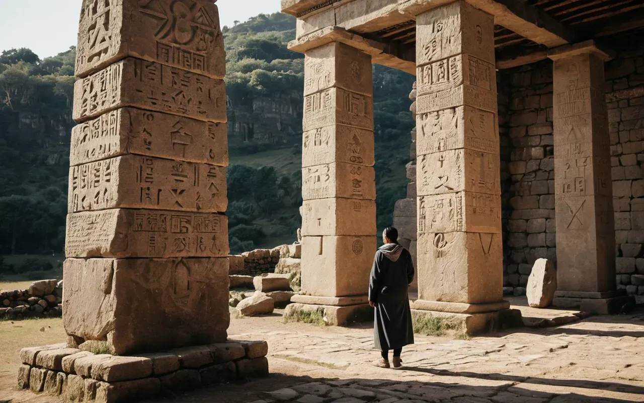 A photograph showing a visitor standing near a large T-shaped stone pillar at an archaeological site, with natural daylight illuminating the textured limestone surface and the surrounding excavation area visible in the background, capturing the sense of scale and historical atmosphere.