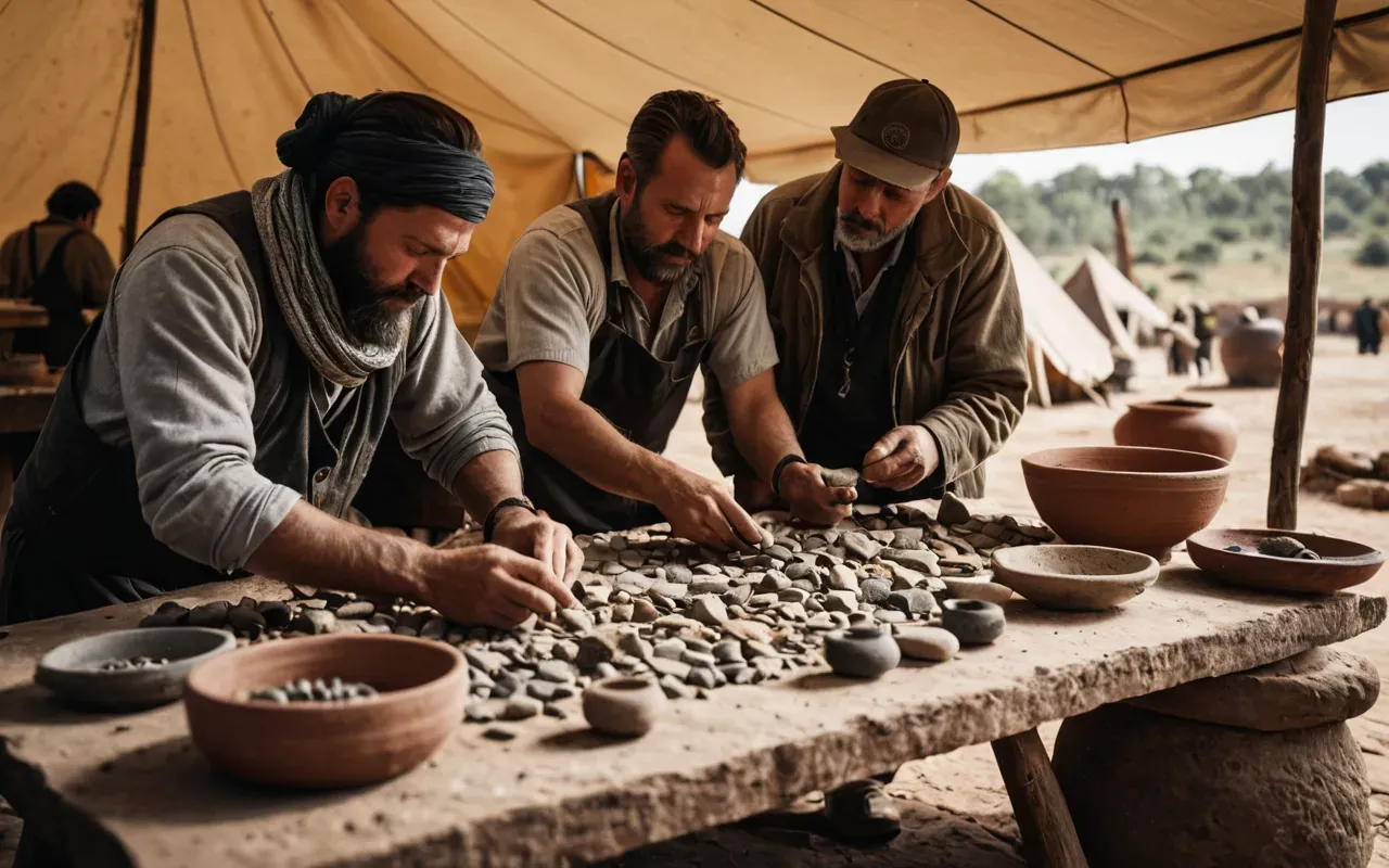 stone tools A realistic depiction of a group of archaeologists examining stone tools and pottery fragments on a table under a tent, with detailed textures of artifacts and focused expressions, lit by natural sunlight