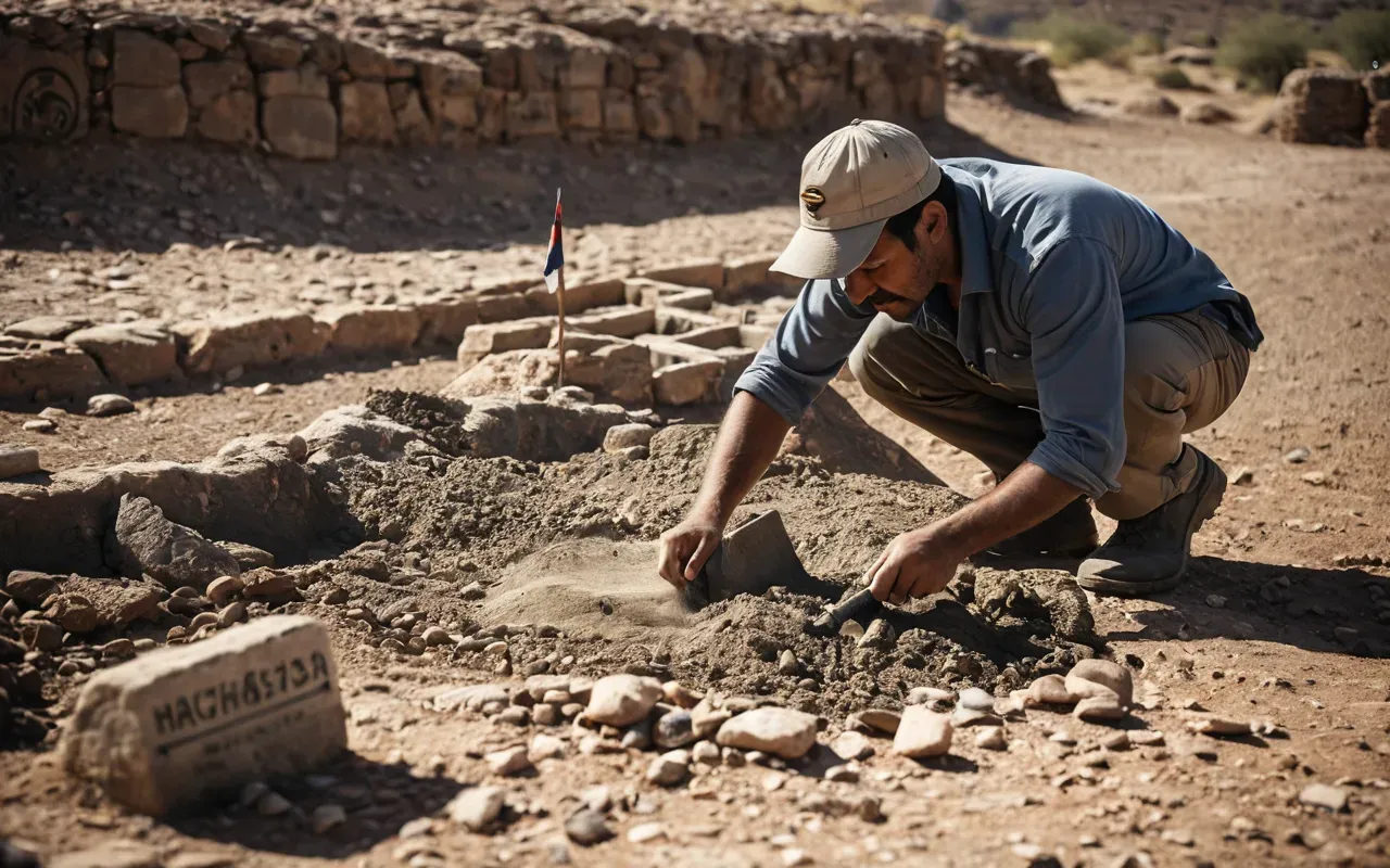 A realistic photo of an archaeological dig site in a dry rocky landscape with archaeologists carefully brushing dirt off ancient stone tools in a cave entrance, natural daylight, dramatic shadows, no text, no people's faces visible, focus on hands and tools.