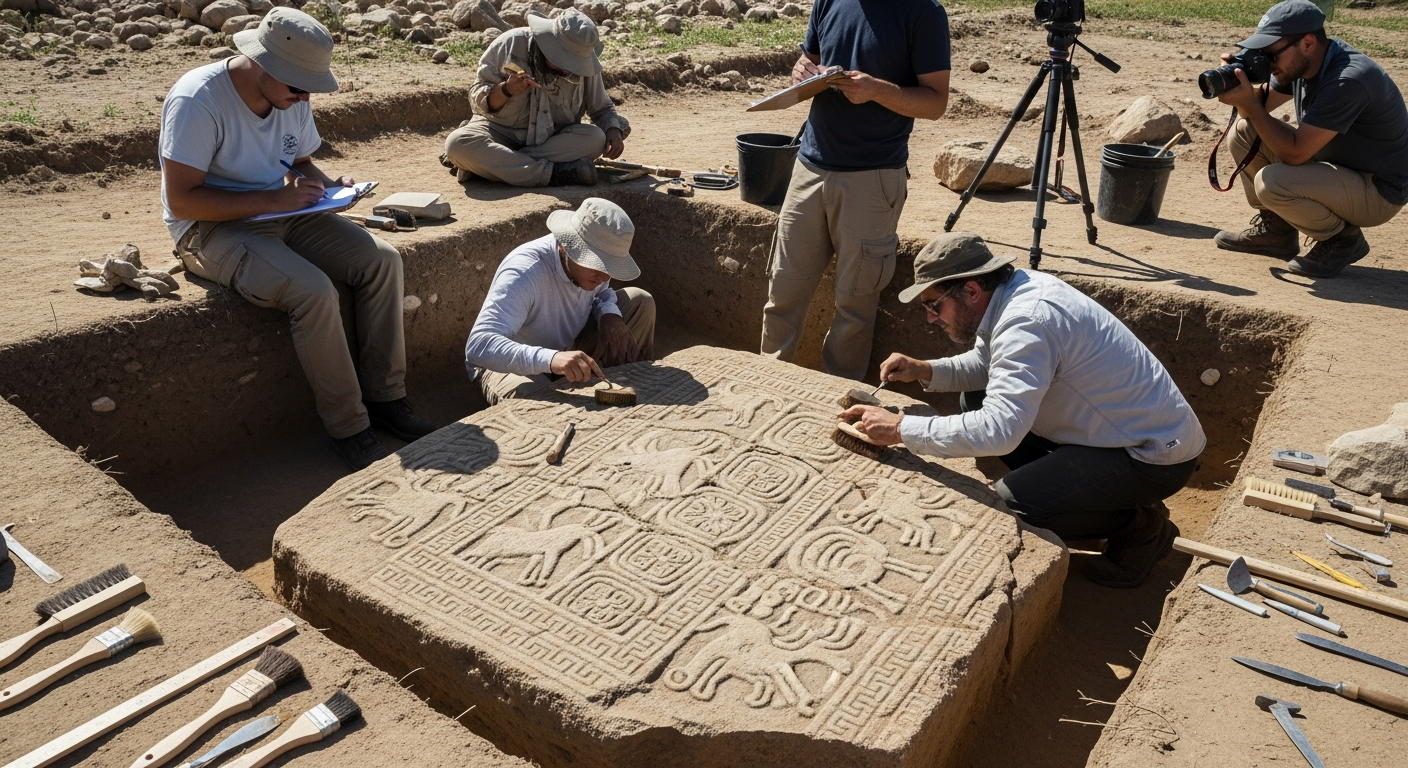 A realistic scene of a modern archaeological excavation at a prehistoric site, with researchers carefully revealing ancient stone carvings on a weathered wall, soft sunlight illuminating the reliefs amidst lush greenery.