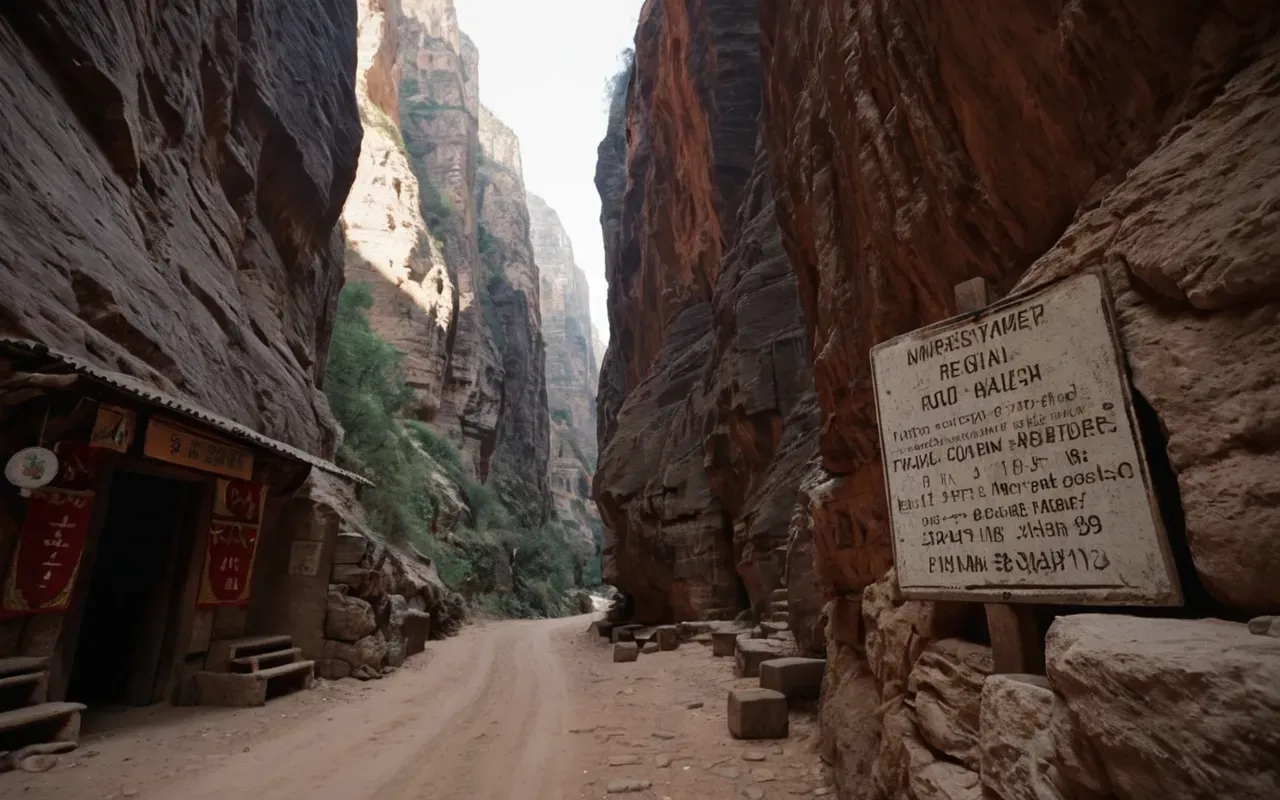 Tohma Canyon rock art A realistic view of a narrow limestone canyon with steep rock walls and a small sheltered overhang where red ochre paintings of human and animal figures are visible on the shaded stone surface, illuminated by soft natural sunlight