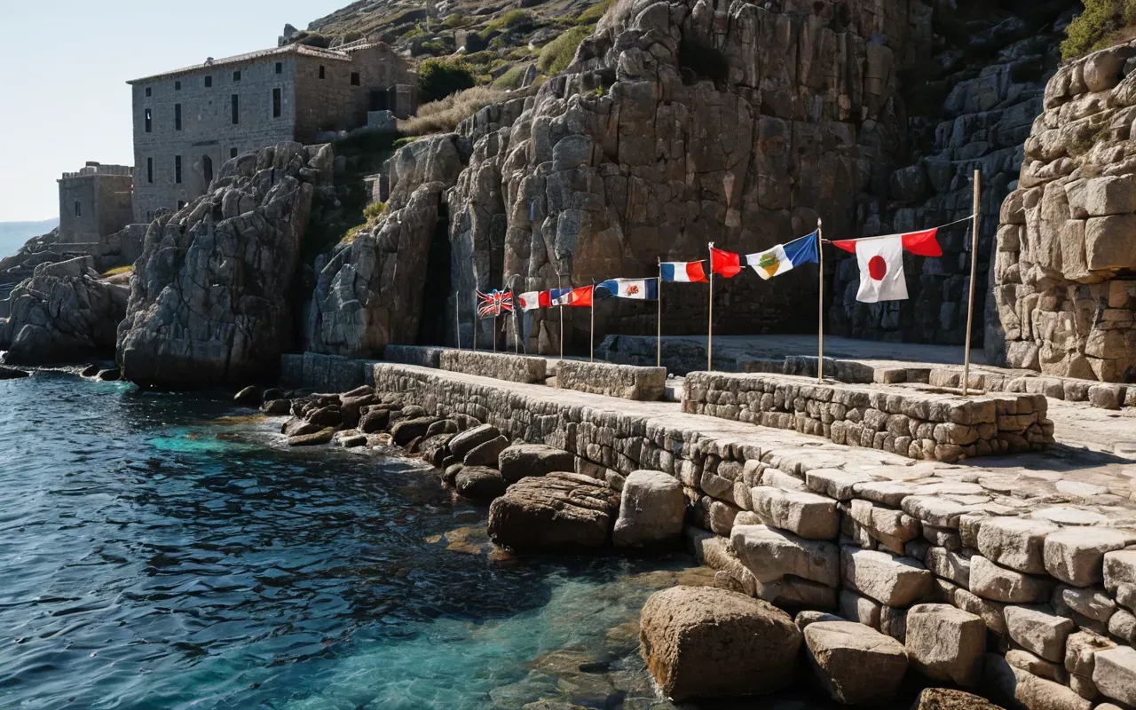 ancient ruins Turkey A rocky coastline with clear blue water gently lapping against ancient stone foundations, sunlight casting shadows on the rocks, no text or human figures visible