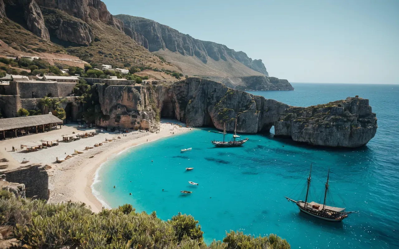 Mediterranean coast A scenic view of a calm turquoise bay with rocky cliffs and ancient stone structures visible near the waterline, clear sky above, no text or people visible