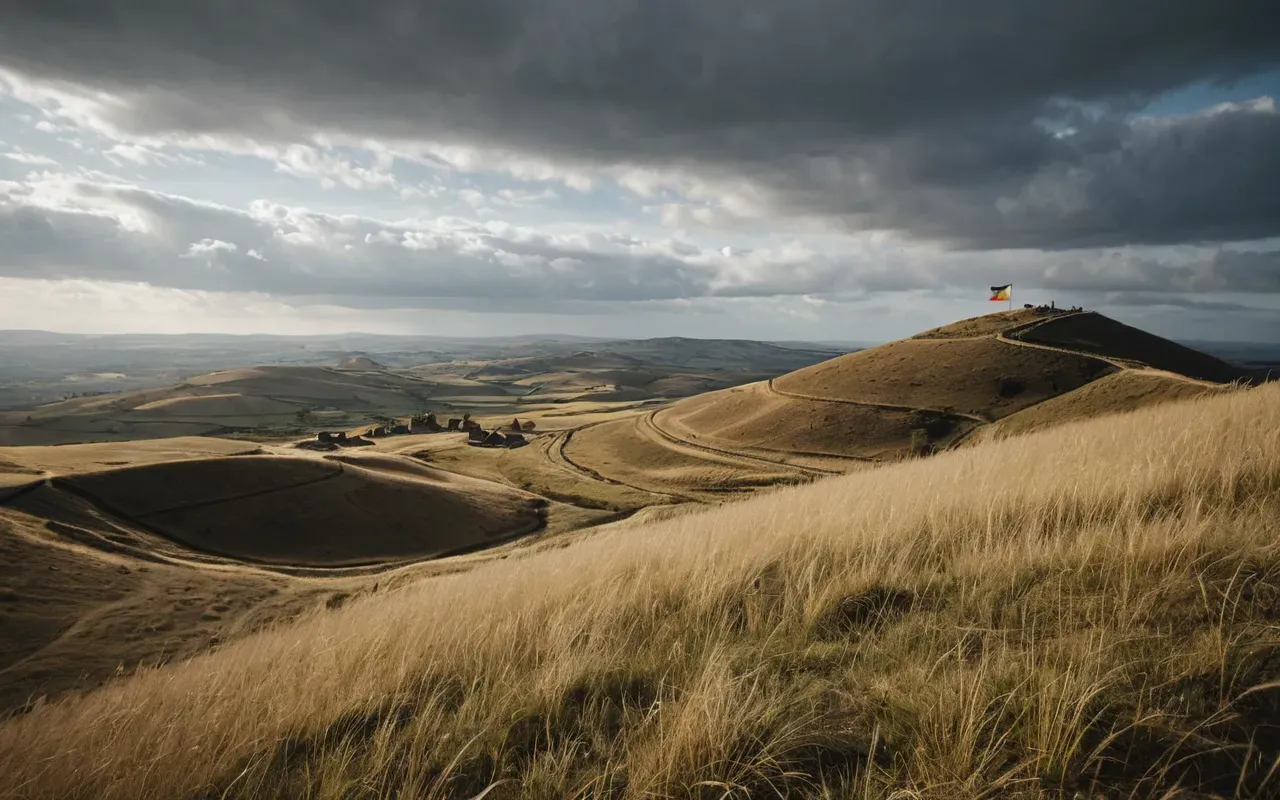 landscape A serene photo-realistic landscape of a rolling hill with sparse dry grass under a vast cloudy sky, evoking an ancient and timeless atmosphere, with no modern structures or people visible