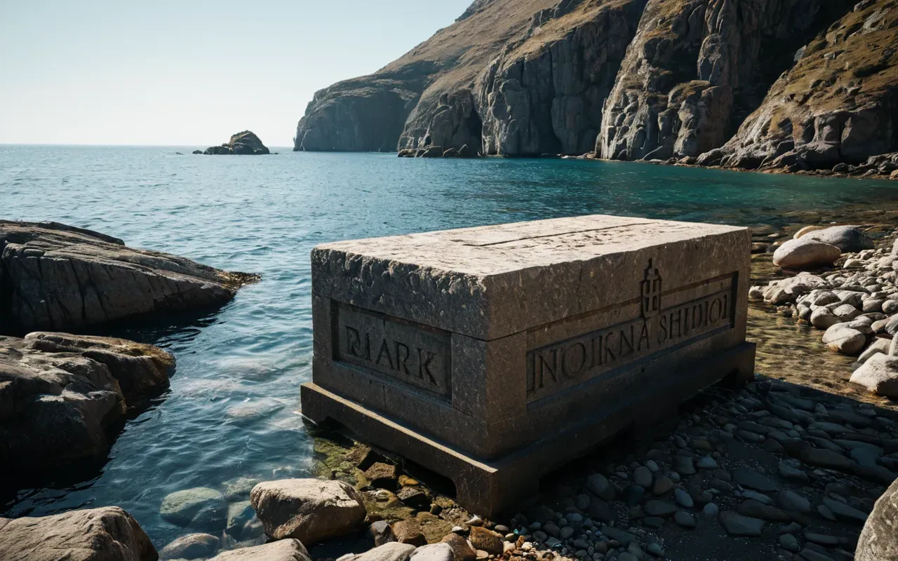 Lycian sarcophagi A stone sarcophagus rising out of calm clear water near a rocky shoreline, with sunlight reflecting off the surface, no text or signage visible