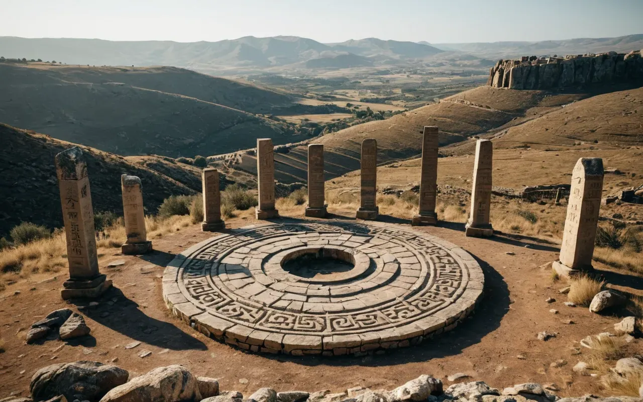 stone sanctuary A wide-angle photo-realistic shot of a rugged, sun-baked hilltop with large standing stone pillars arranged in a circle, surrounded by dry grass and distant mountains under a clear blue sky, no people or text visible