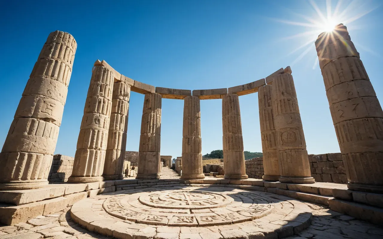 A wide-angle photograph of massive T-shaped limestone pillars arranged in a circular pattern under a clear blue sky, with natural sunlight casting long shadows across the stone surfaces and dry grass in the foreground, emphasizing the monumental scale and ancient atmosphere of the archaeological site.