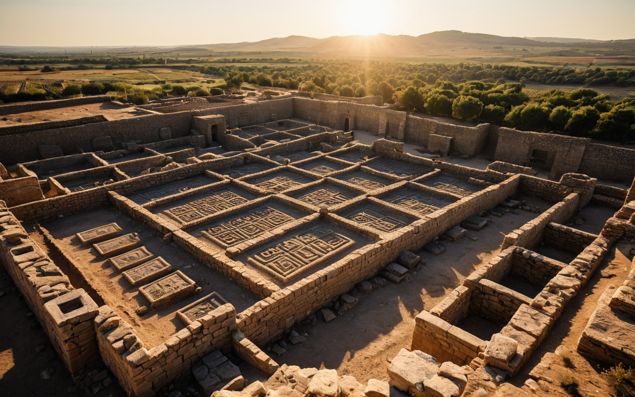 A wide-angle, photorealistic image of an ancient archaeological excavation site during the golden hour. Soft, warm sunlight illuminates rows of carefully dug trenches and exposed stone foundations. A few archaeologists in neutral, modern clothing are seen working in the distance, their figures small against the vast, earthy landscape. The focus is on the geometric patterns of the excavation and the texture of the soil and stones. The atmosphere is one of quiet discovery and historical depth. No text, signage, or modern infrastructure is visible in the frame.